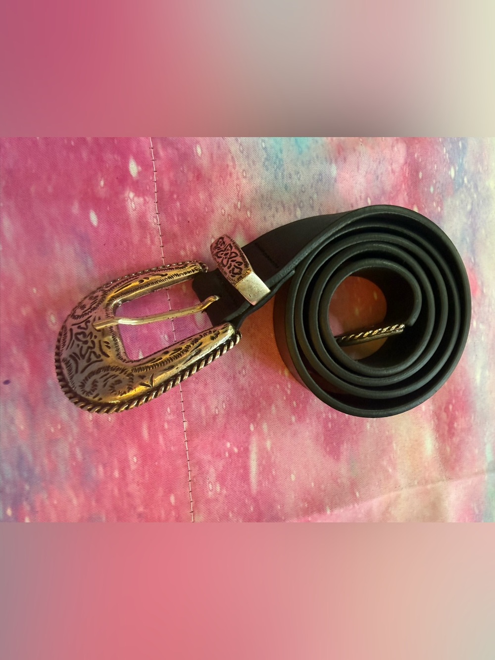 Closed Black Western-Style Belt with Ornate Silver Buckle